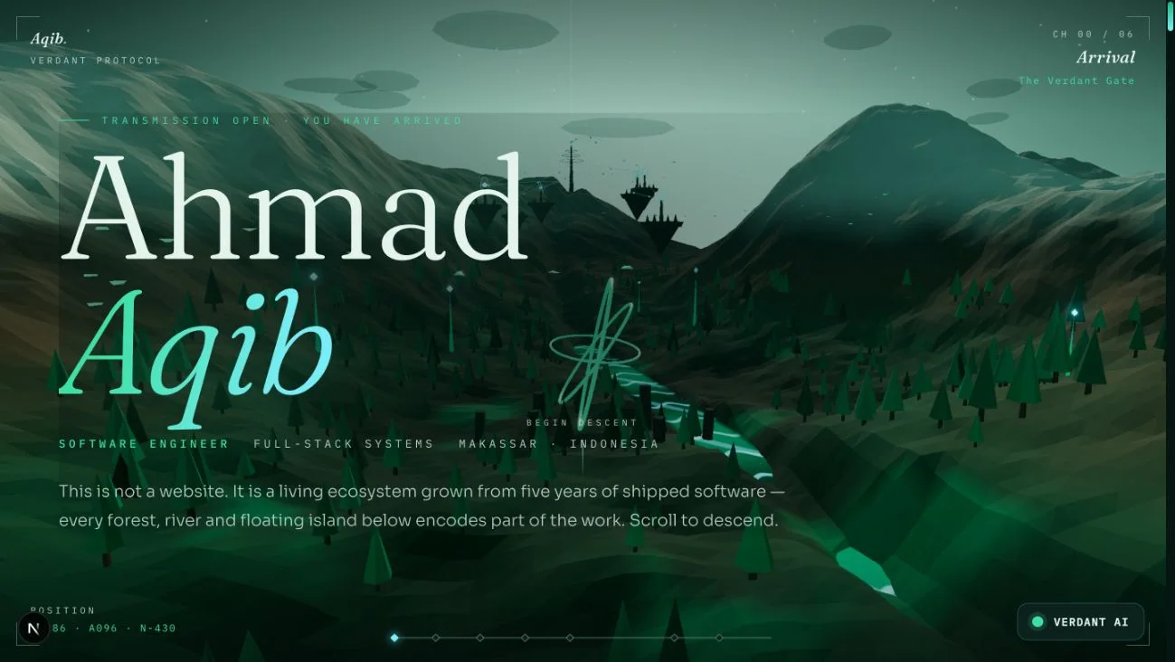 A green 3D landscape in the Verdant Protocol experiment